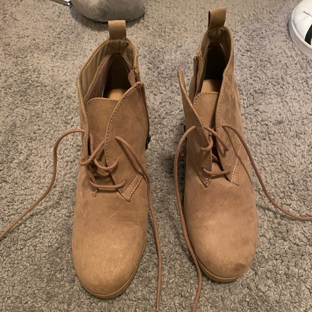 Tan wedge booties